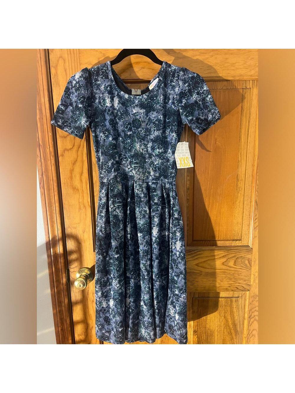 LuLaRoe Amelia Dress Pockets Pleated Full Skirt Zip Fit Flare Midi Blue XXS NWT